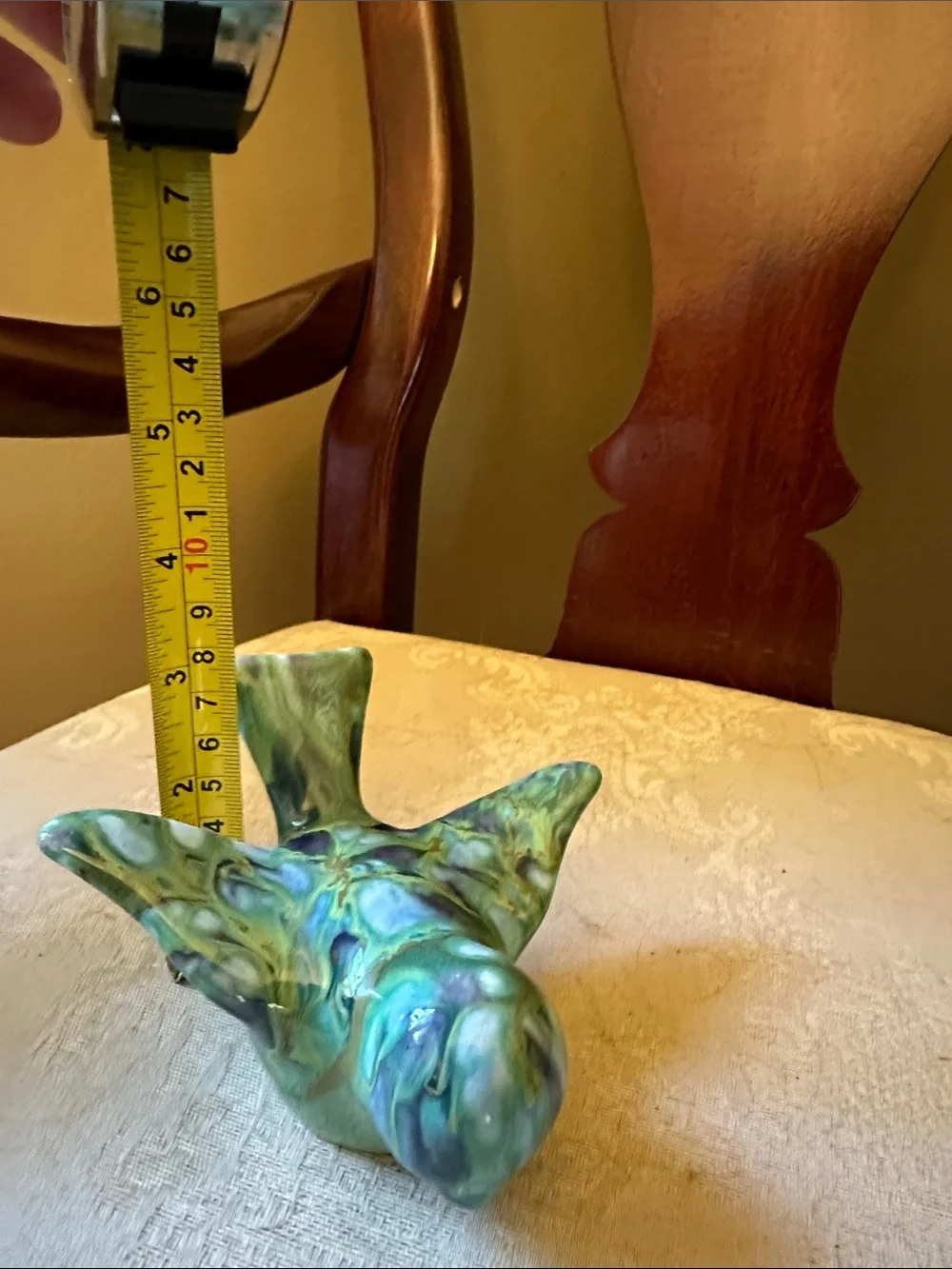 1960s Monterey Jade pottery bird w/green, blue drip glaze